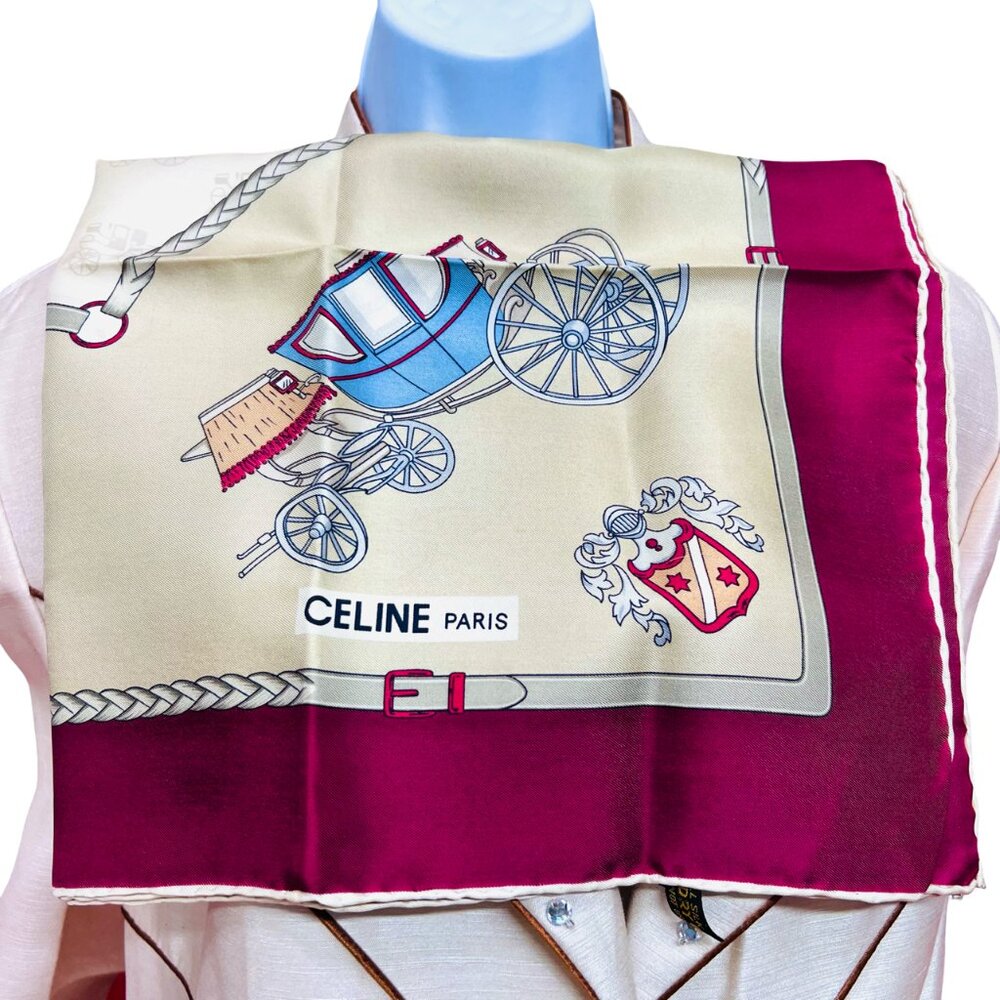 Unused Celine Paris Scarf 100% Silk 34" Gold Tan Brgendy Carriage Horses (39) - Picture 3 of 13